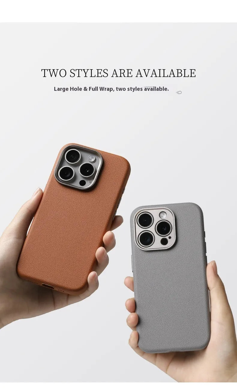 Black genuine leather Magsafe magnetic protective case for iPhone with alloy metal camera lens surround.