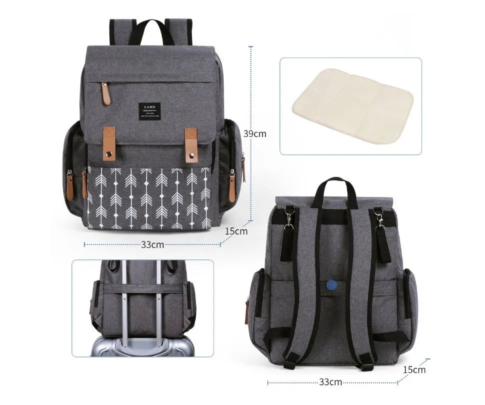 Landuo large capacity oxford cloth mum's backpack changing bag in grey colour with changing mat