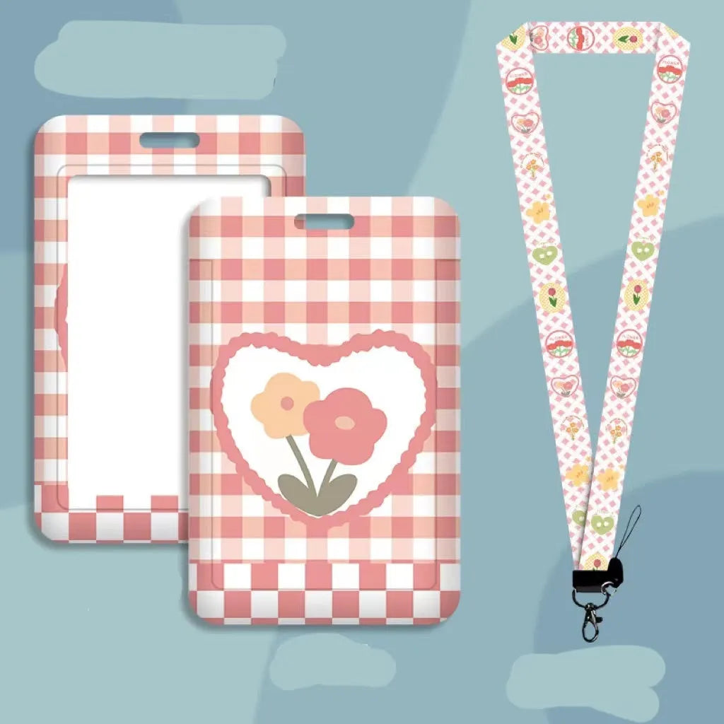 Student card set with plastic sleeve, neck strap and keychain in cartoon design