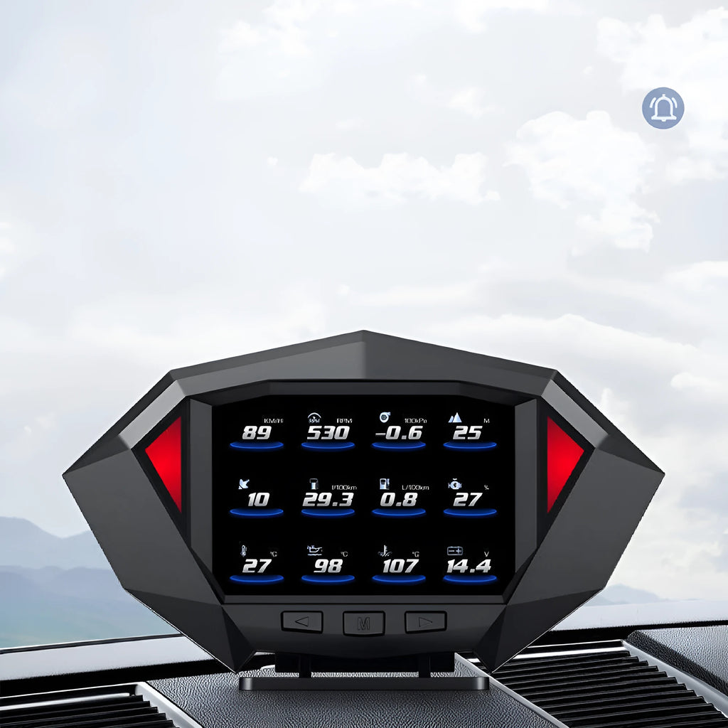 Black universal vehicle head-up display unit with LCD screen and OBD cable.