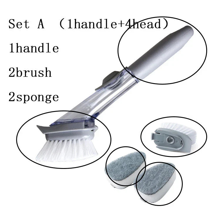 Versatile long-handled kitchen cleaning brush with removable brush and sponge heads