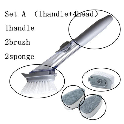 Versatile long-handled kitchen cleaning brush with removable brush and sponge heads