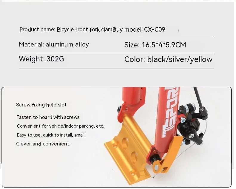 Silver metal quick release fixing clamp for mounting accessories on a bicycle front fork.