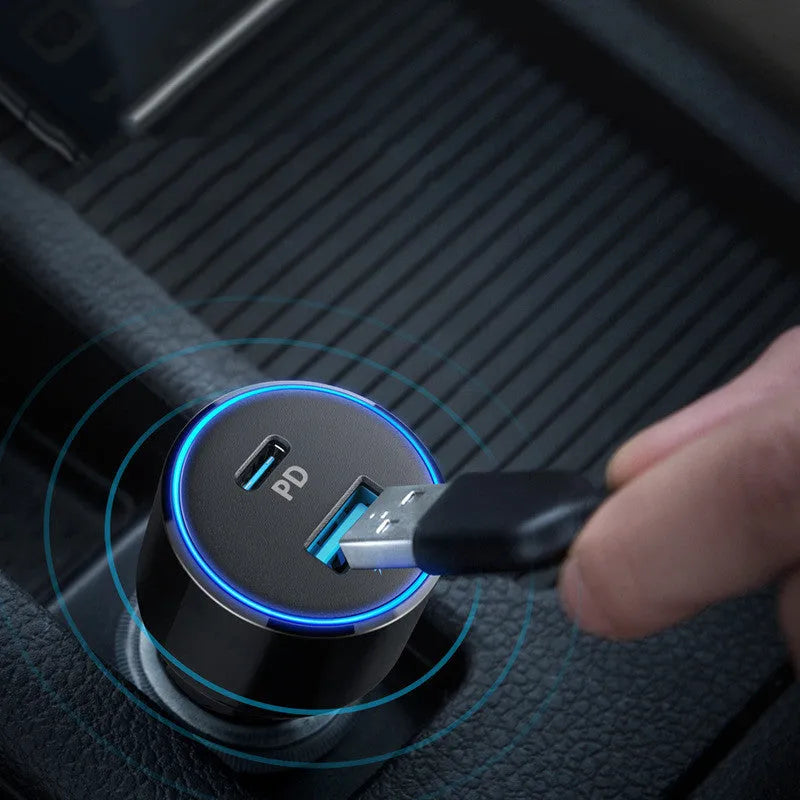 High-power one for two fast charging car charger with dual USB ports, compact 63x35x35mm size, black