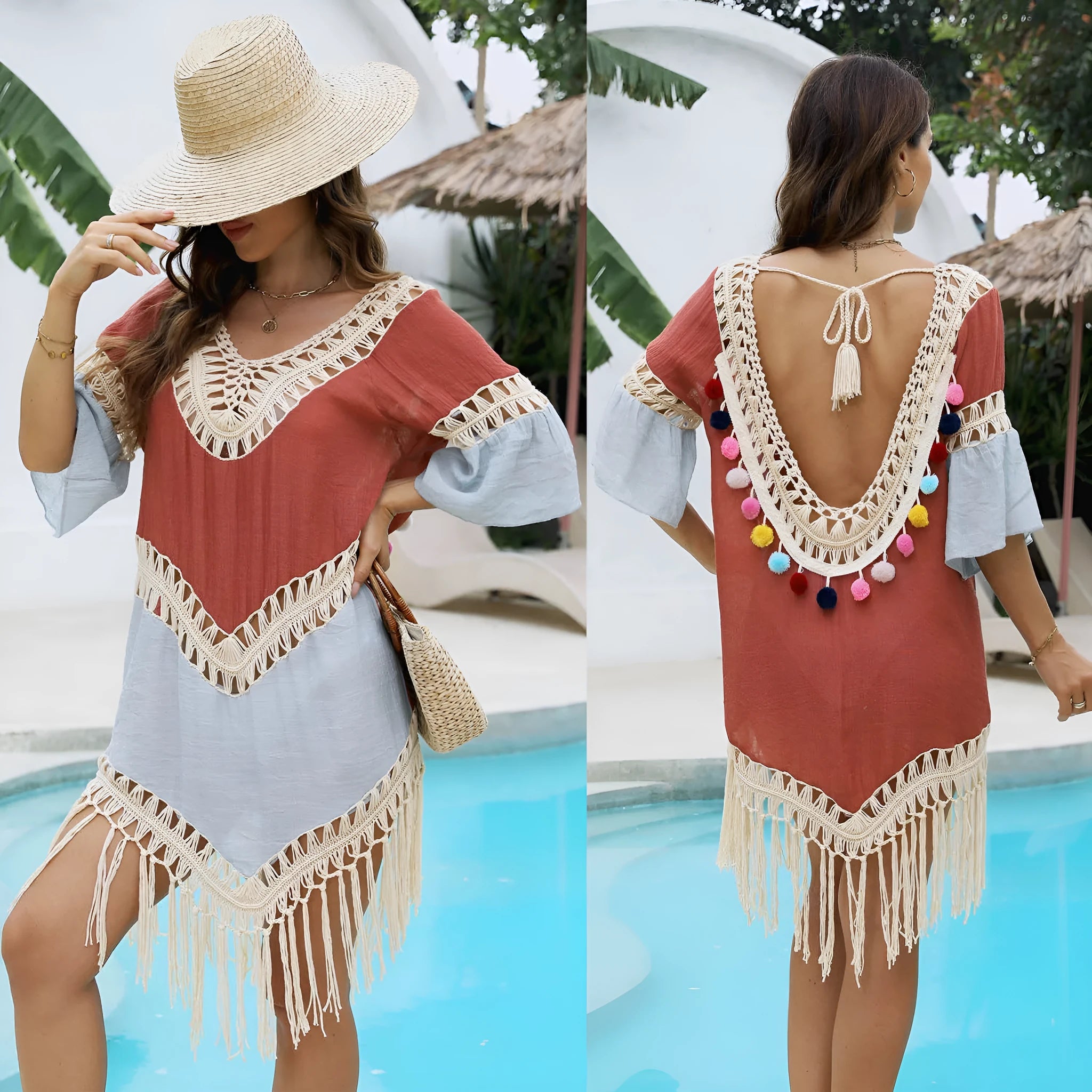 Orange floral beach overskirt with hand-crochet stitching and tassel detailing