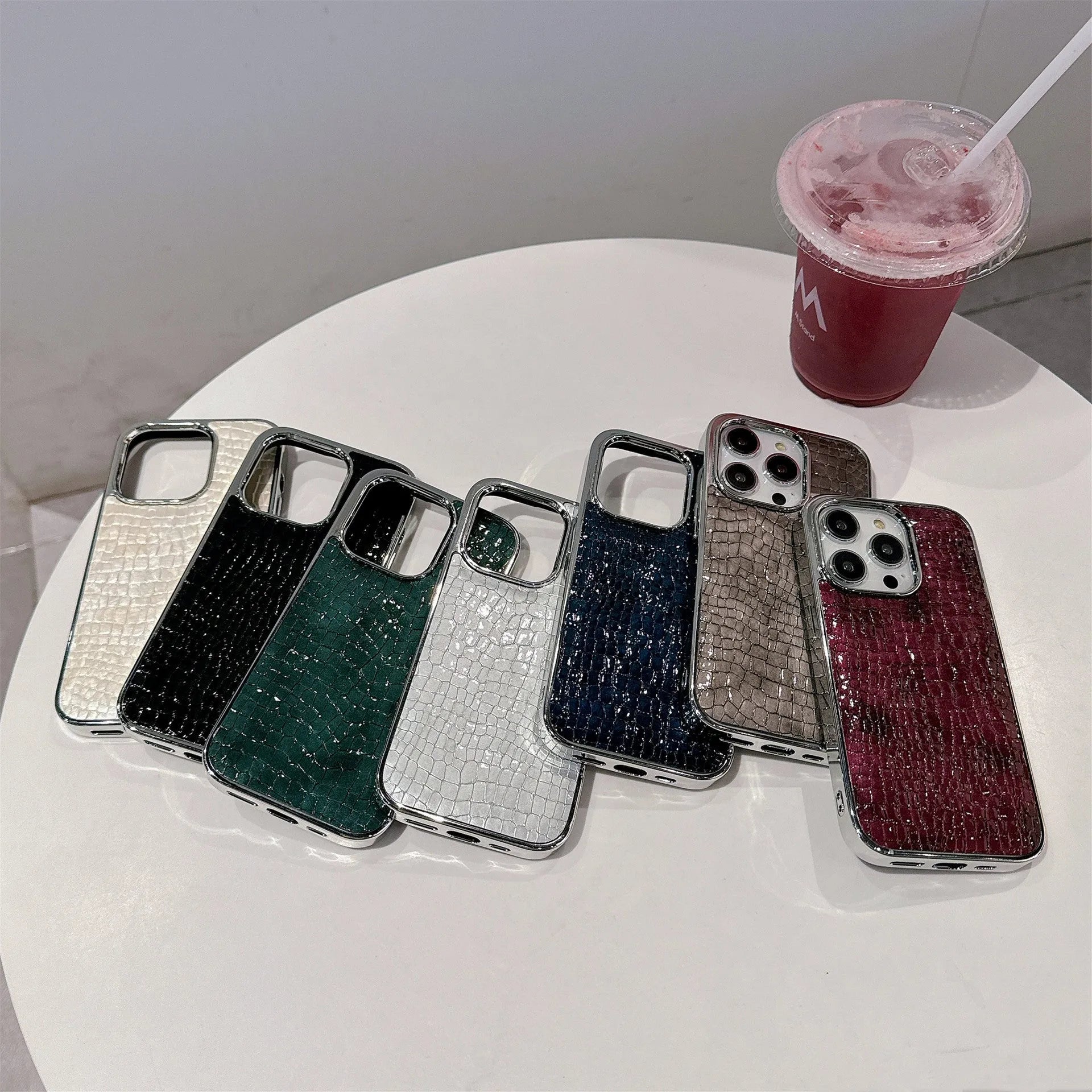 Advanced anti-fall phone case for iPhone 11-16 series, glossy crocodile pattern imitation leather, black colour