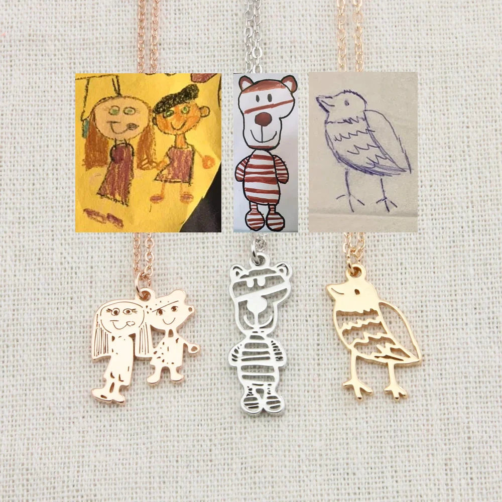 Custom stainless steel children's artwork necklace with gold, silver, and rose gold options
