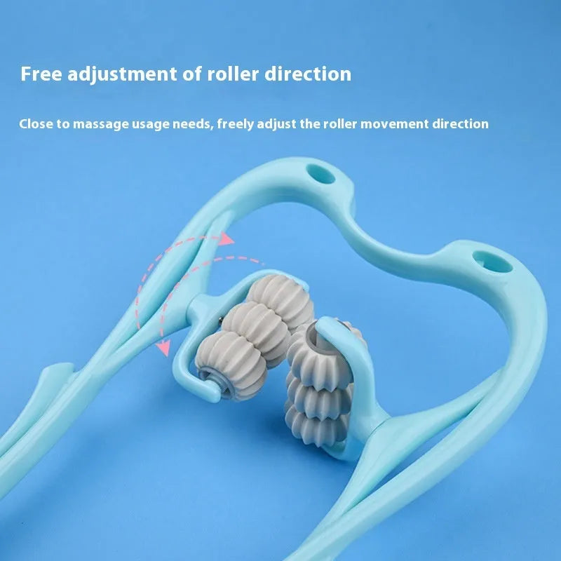 Blue plastic hand-held massager with six white wheels for neck, shoulder, and waist muscles.