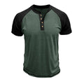 Men's thin cotton blend short sleeve pullover with colour block design and raglan sleeves.
