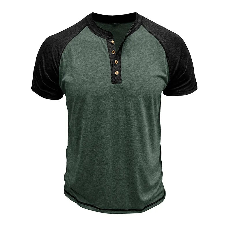 Men's thin cotton blend short sleeve pullover with colour block design and raglan sleeves.