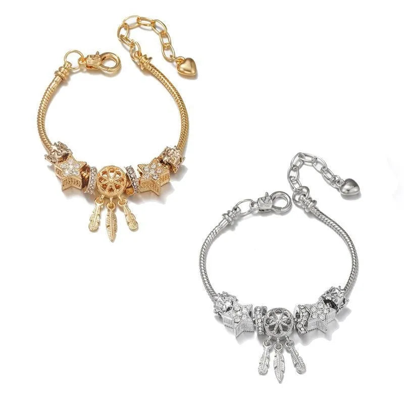 Unisex alloy bracelet with dreamcatcher pendant and star bead, KC gold finish, lobster clasp