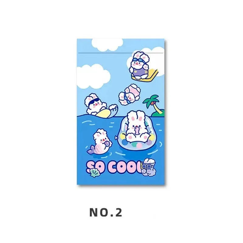 Green, blue, purple and pink rectangle packaging bags with cute rabbit designs for snacks and gifts.