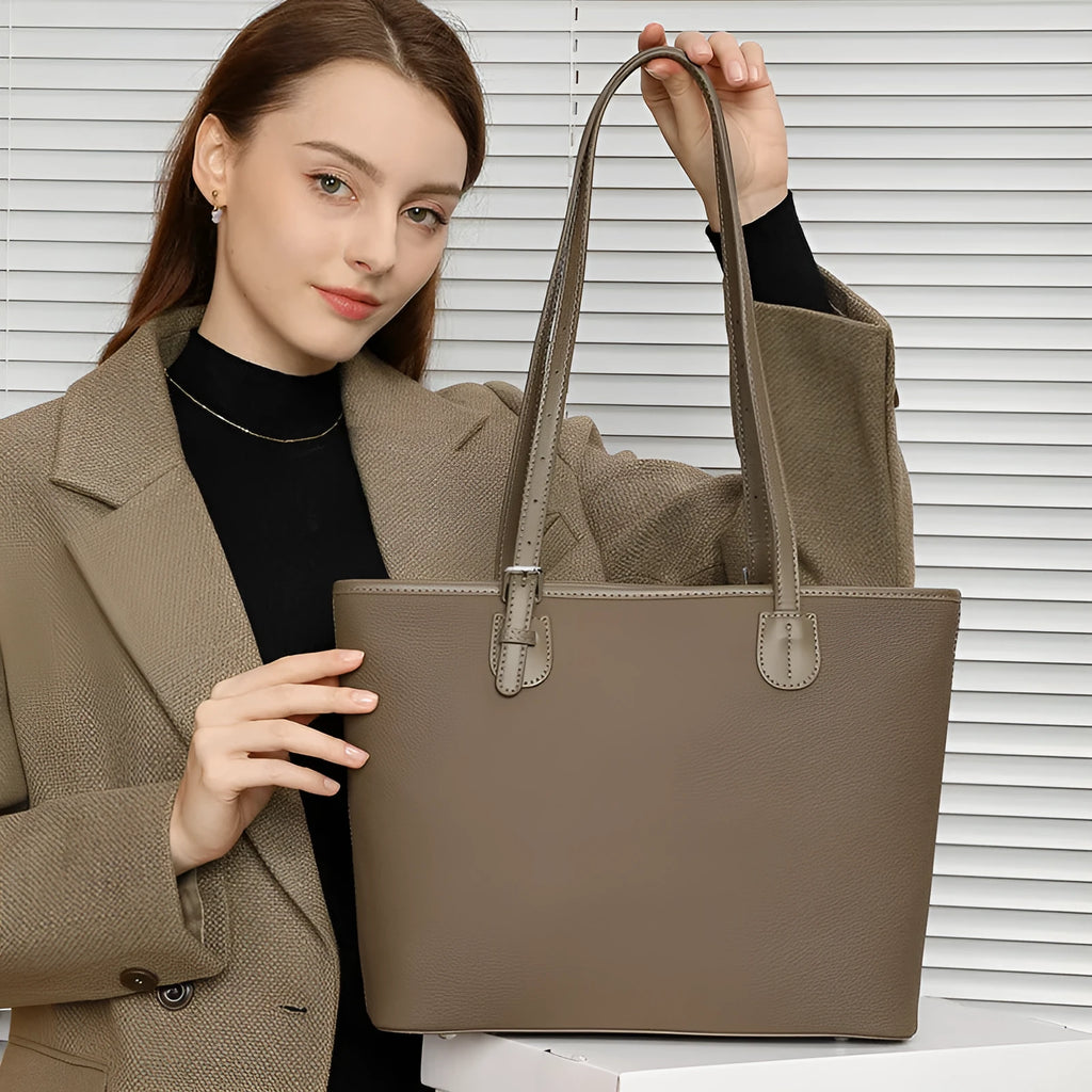 Genuine leather women's tote bag in retro square style with internal organiser pockets.