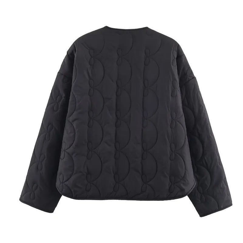 Women's bow quilted coat in black with straight cut, medium thickness polyester fabric, regular sleeves, 50 cm length