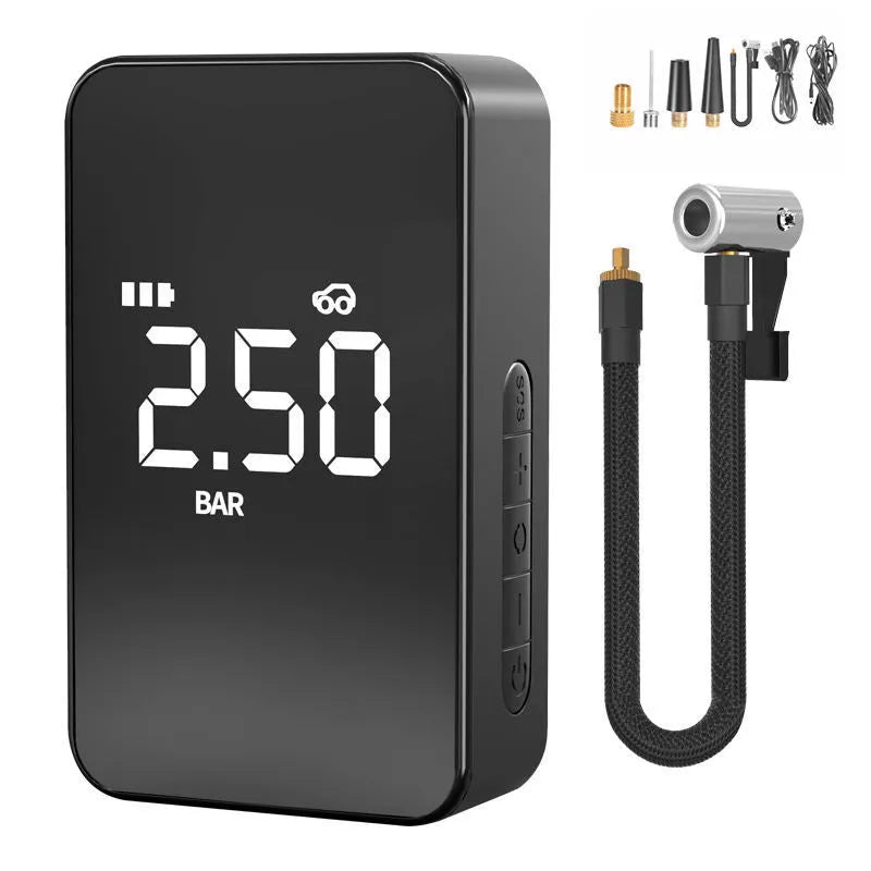 Wireless digital tyre inflator pump with large display showing pressure reading
