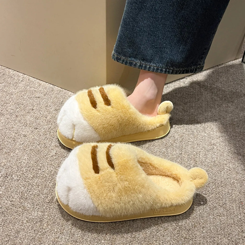 Women's fluffy fleece cartoon toe cover slippers in solid colour with rubber sole
