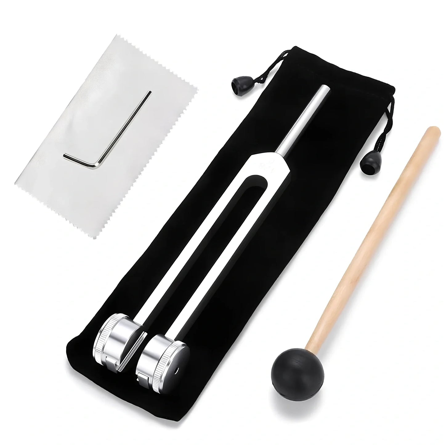 Silver 128 Hz weighted bio-acoustic tuning fork set with hammer, velvet pouch, and accessories for sound therapy