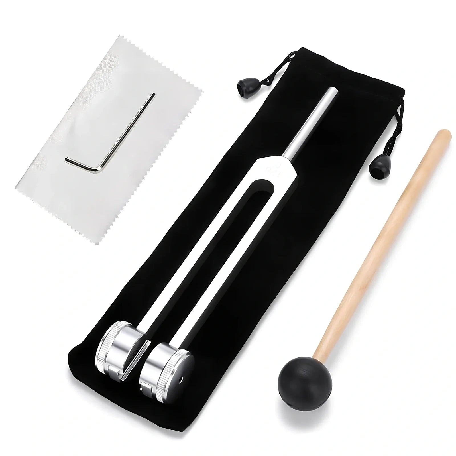 Silver 128 Hz weighted bio-acoustic tuning fork set with hammer, velvet pouch, and accessories for sound therapy
