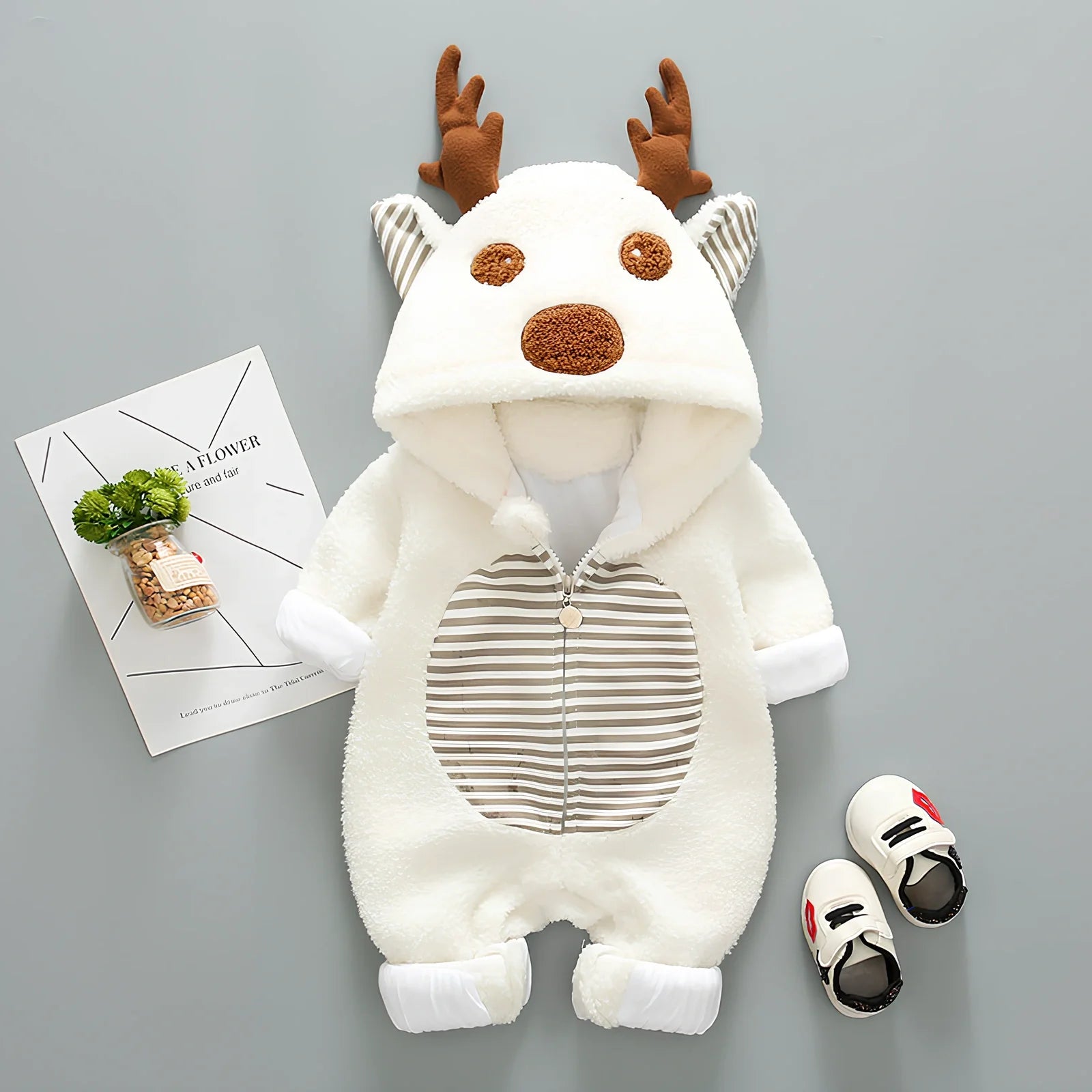 Baby wearing cotton romper with lace-up straps in khaki colour, size 80cm