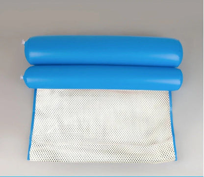 Inflatable water lounge chair in blue, floating in pool with hammock design visible