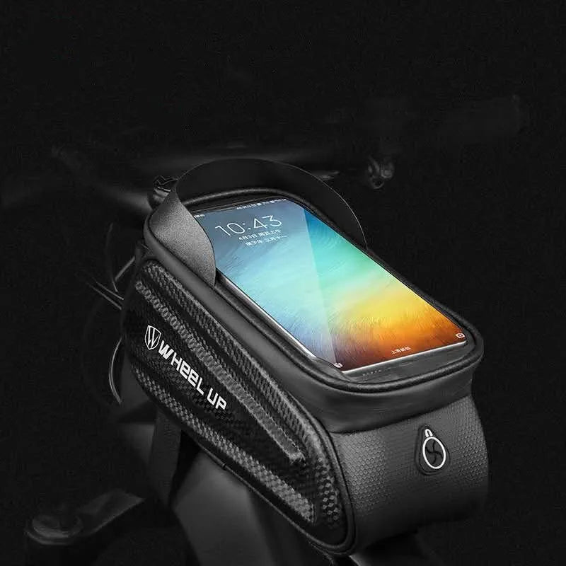 Black grey mountain bike bag with reflective strips and Velcro straps attached to bicycle frame