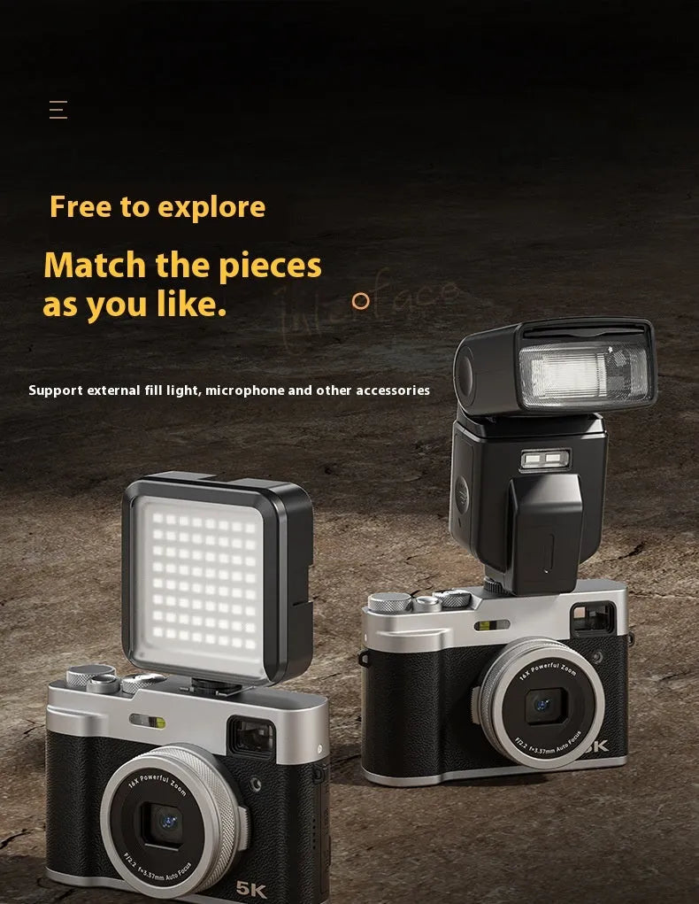 Black and brown 5K digital camera with dual lenses, optical viewfinder, and a 2.88-inch screen.