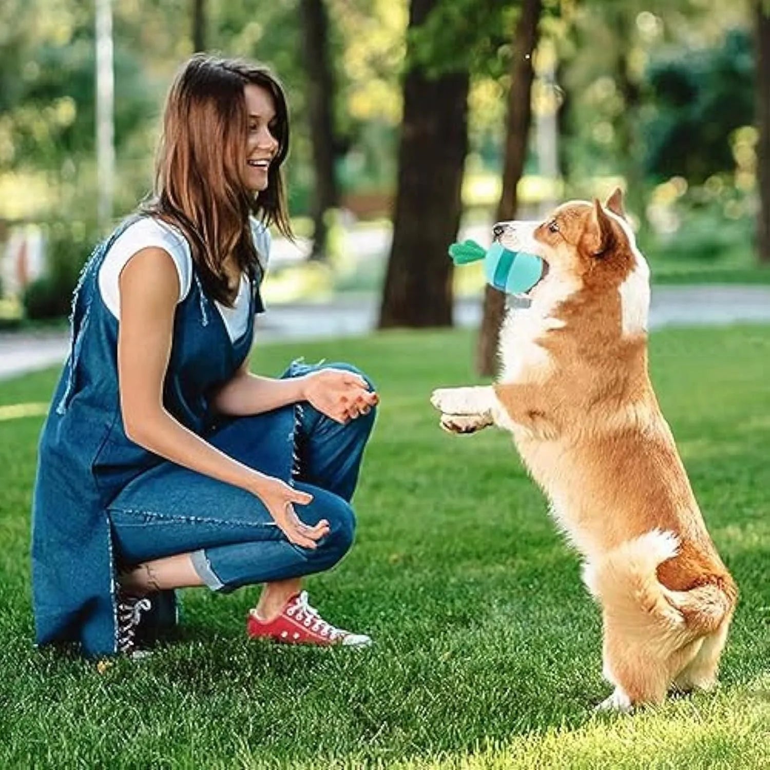 Blue durable rubber dog toy ball with treat dispensing holes for medium to large dogs.