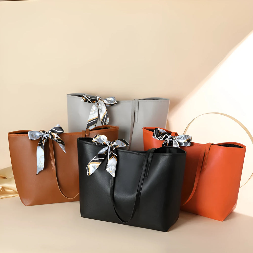 Solid colour PU ladies shoulder bag with scarf decoration, colour block design, medium soft, 45x29x13cm, black lychee grain colour option