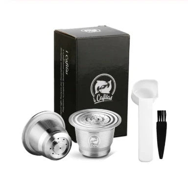 Stainless steel reusable Nespresso coffee capsule with tamper and spoon