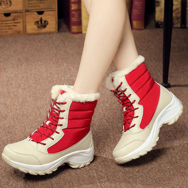 Women's velvet high-top snow boots with wedge heel and artificial hair lining in winter setting