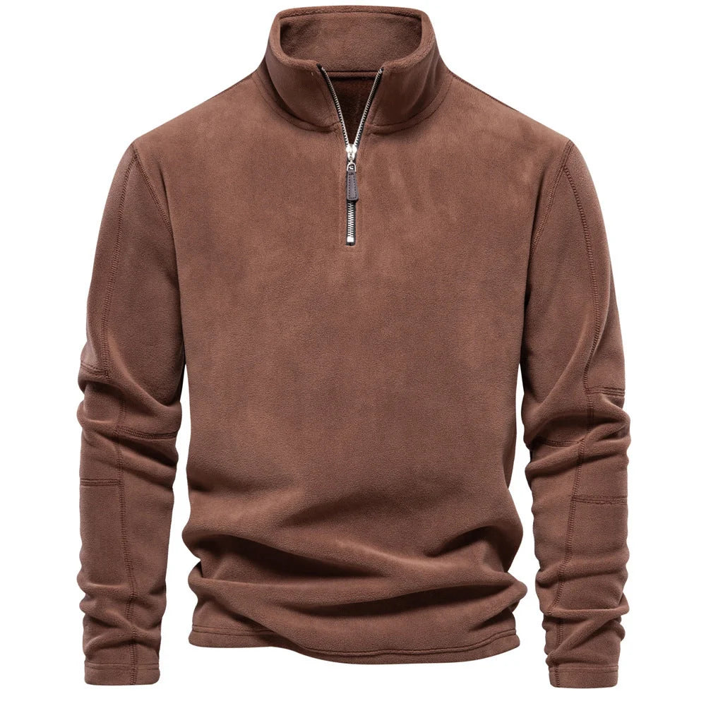 Men's stand-collar zippered fleece sweatshirt in olive green, brown, and dark grey