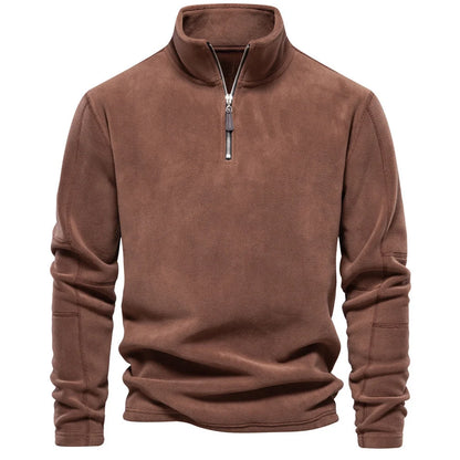 Men's stand-collar zippered fleece sweatshirt in olive green, brown, and dark grey