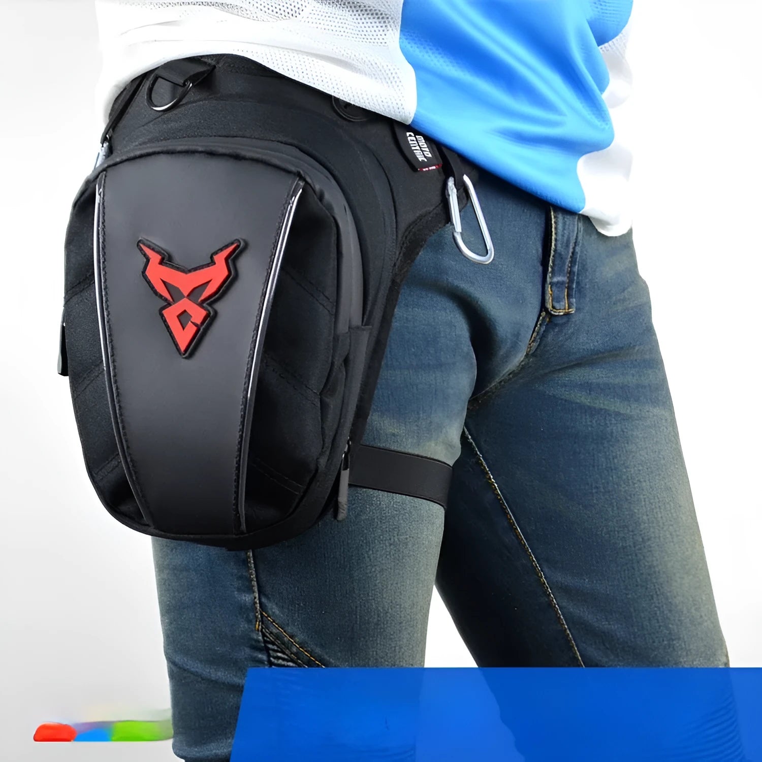 Red motorcycle crossbody leg bag made of 1200D Oxford cloth showing size and strap.