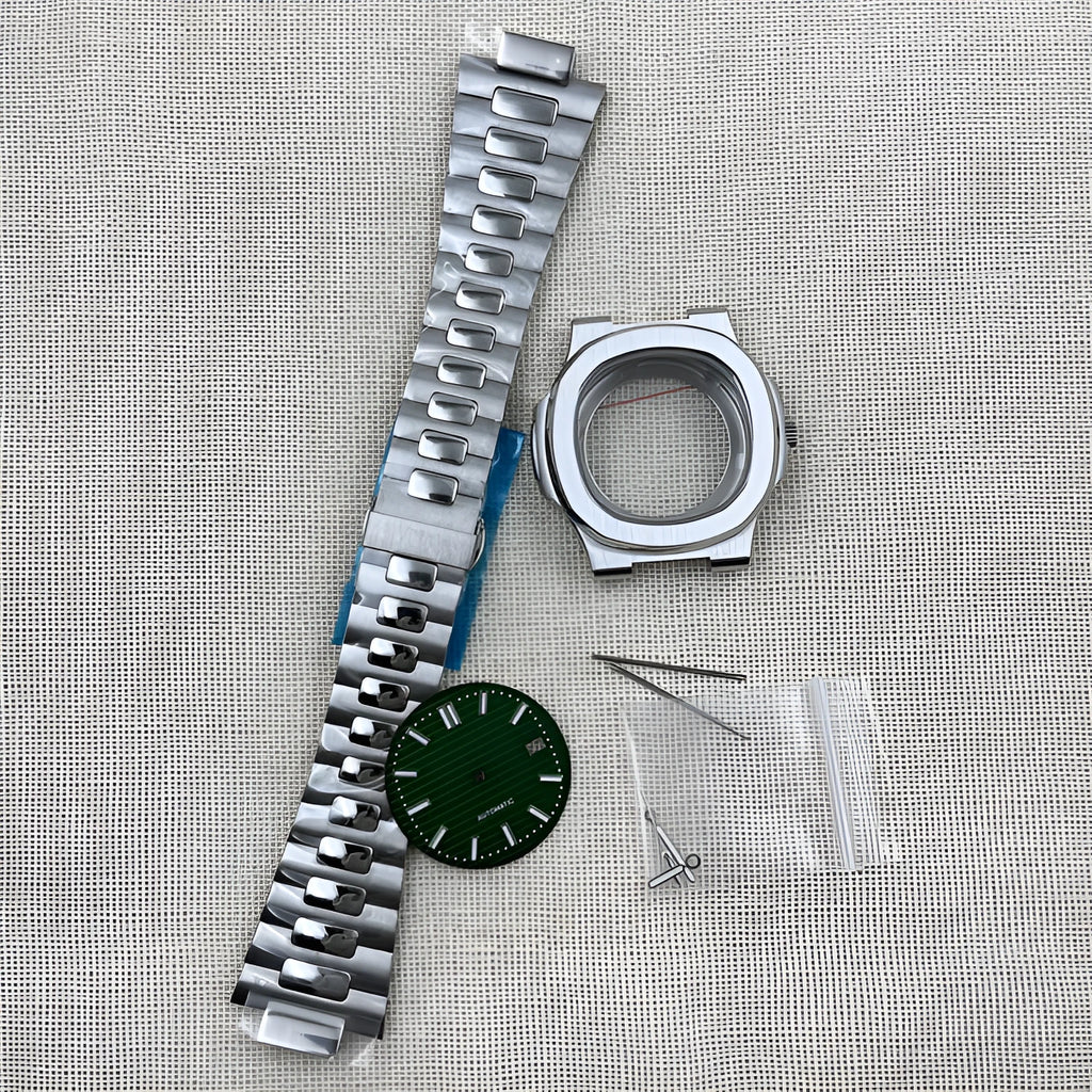 Watch assembly kit with precision steel case and band, 42mm diameter, push crown, silver black colour