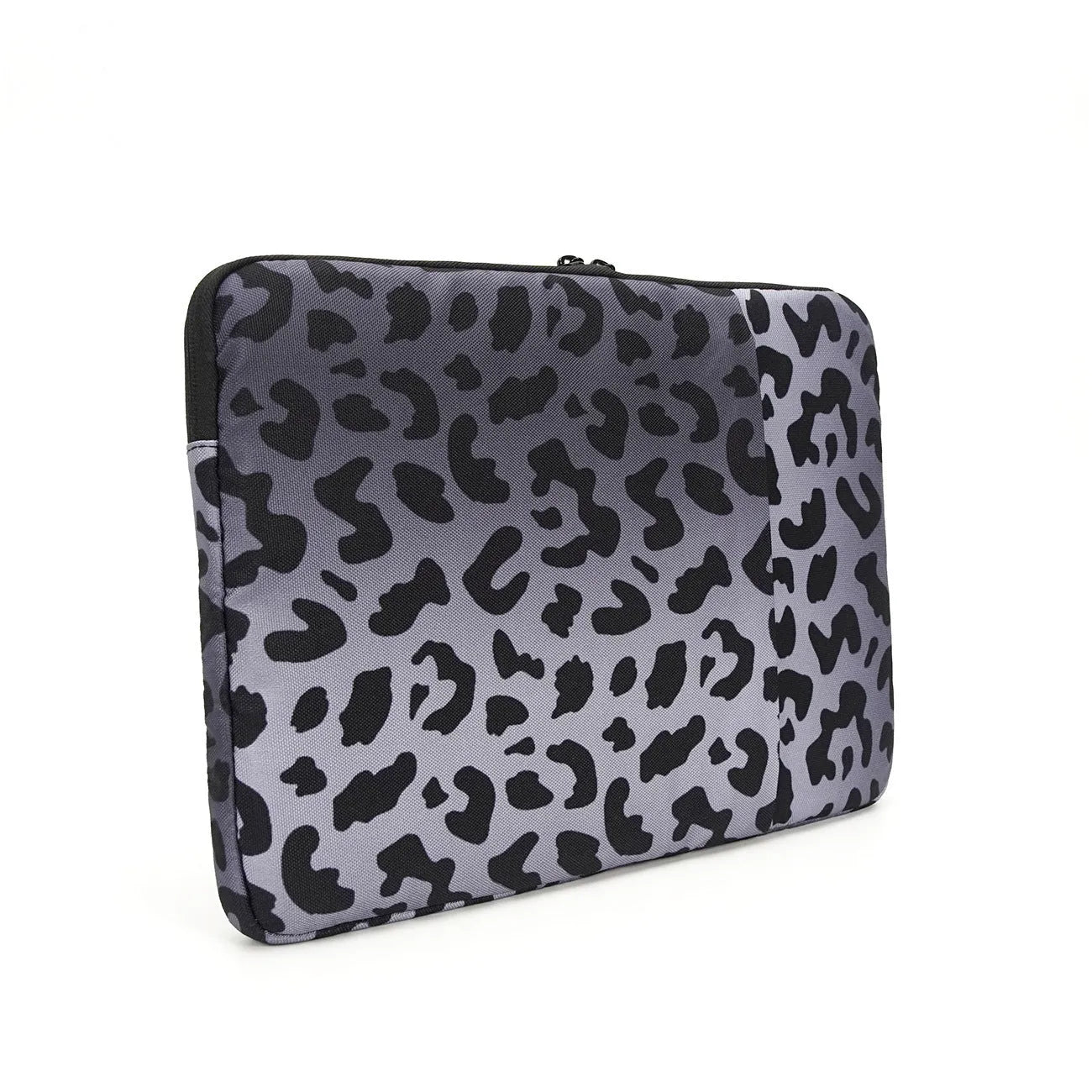 Leopard print laptop protective sleeve showing flannel interior and waterproof polyester exterior