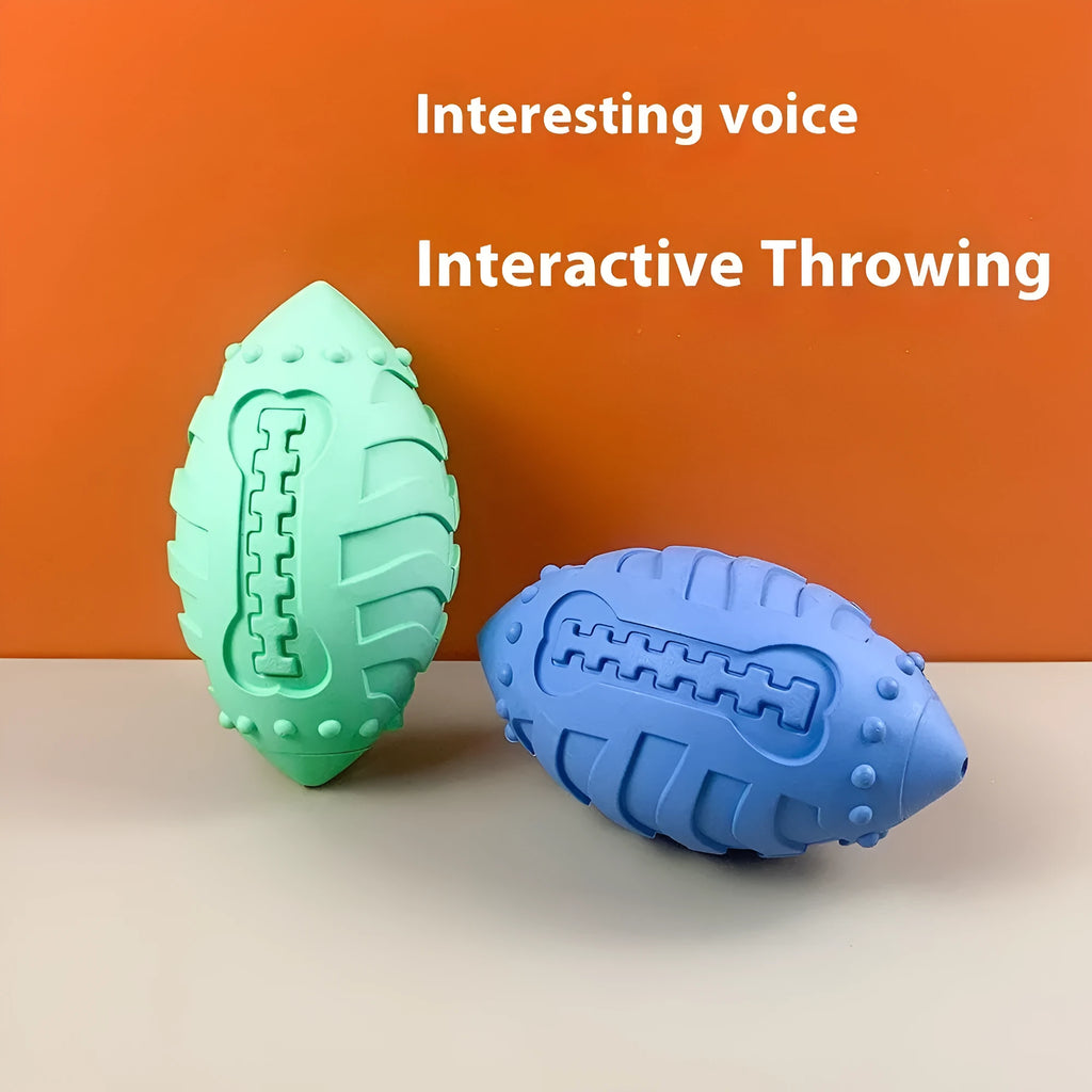 Thickened light green rubber rugby ball dog toy with vocal sound feature for chewing and interactive play.