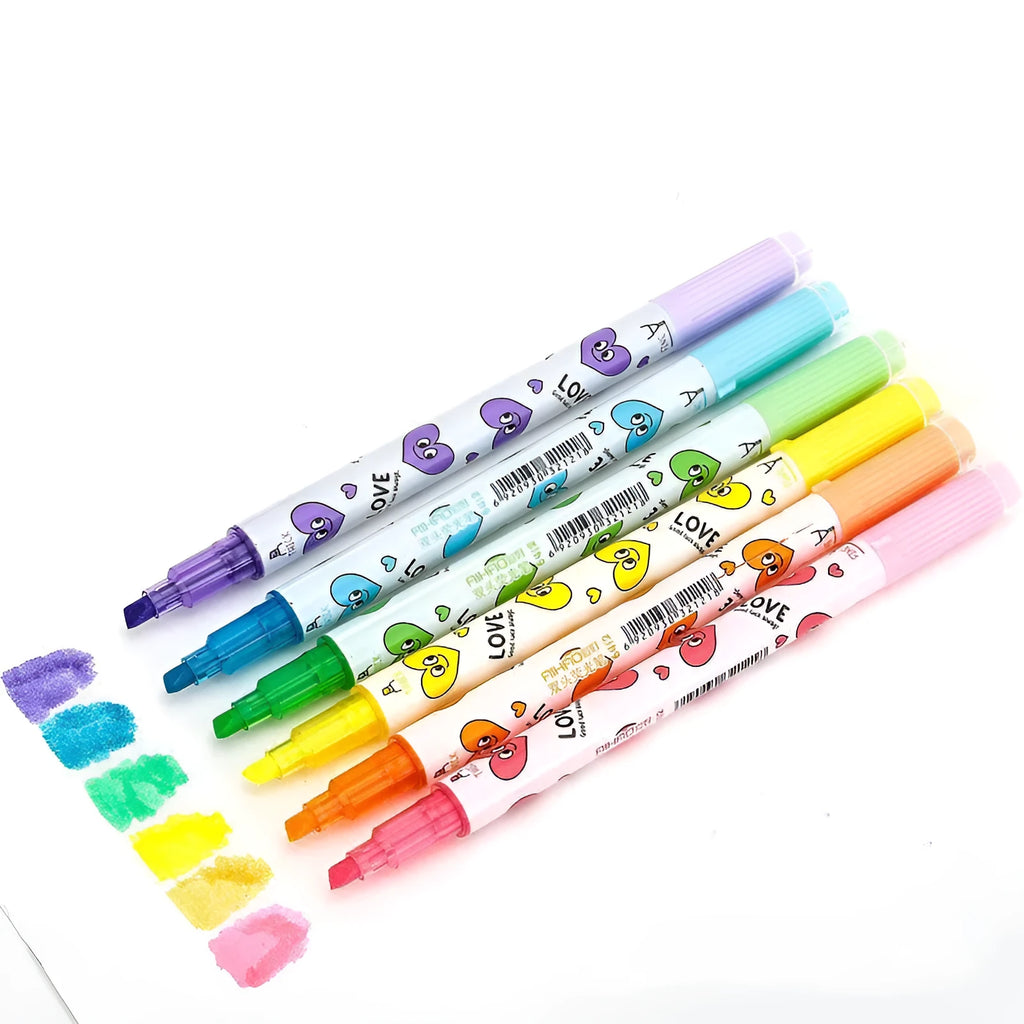 Set of six double-headed watercolour highlighter pens showing pink, orange, yellow, green, blue, and purple colours.