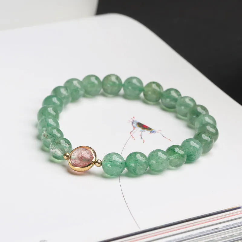 Green strawberry quartz hand-woven bracelet with 7.5mm beads and Chinese auspicious patterns