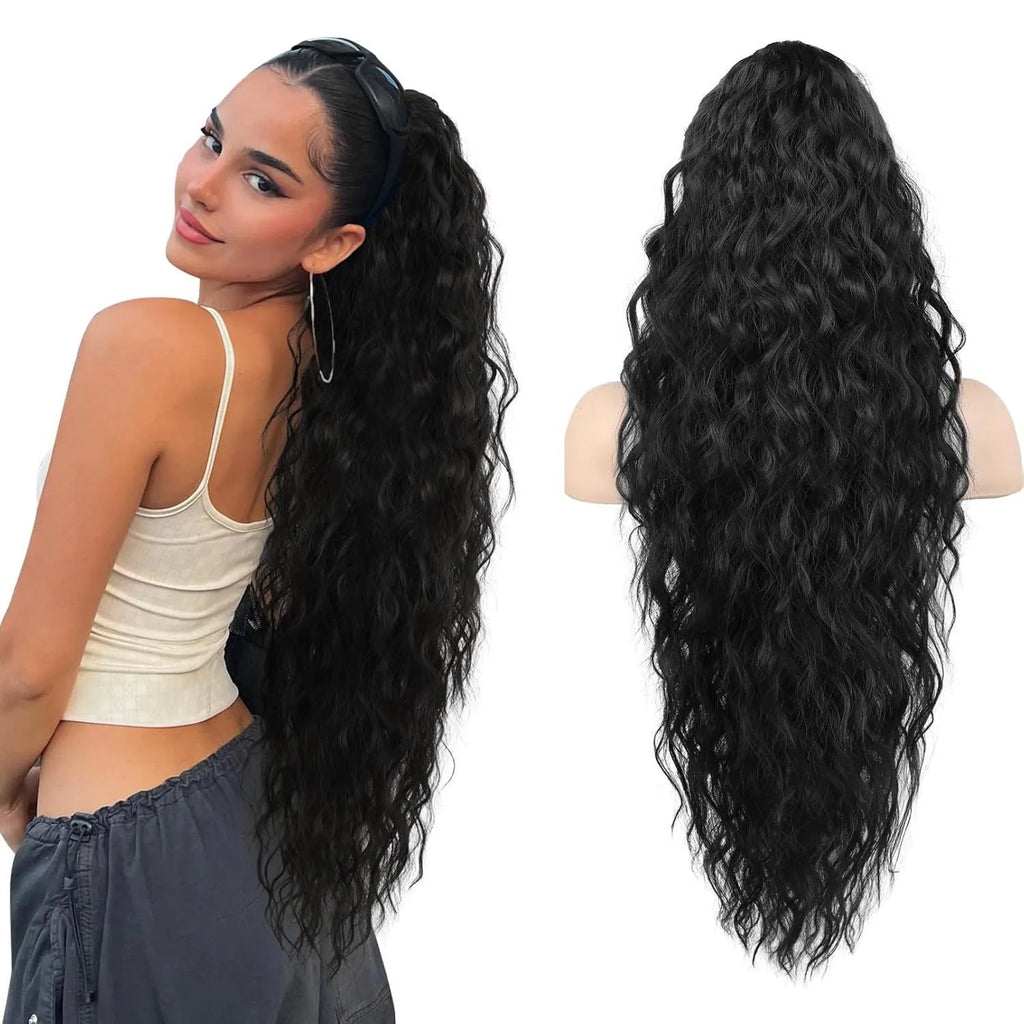 Fluffy long curly 30 inch grip ponytail wig in synthetic high temperature fibre