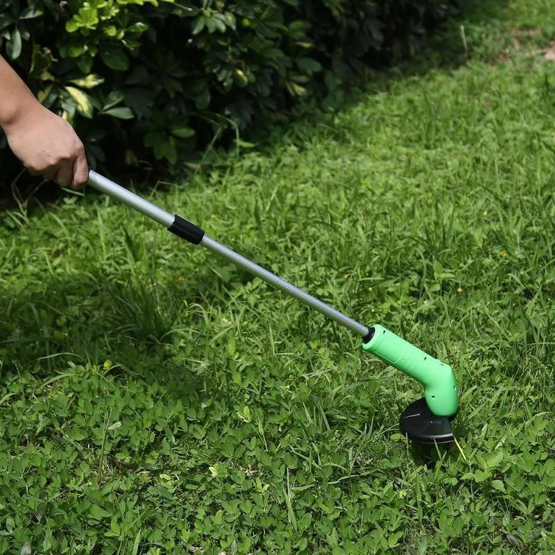 Cordless lawn trimmer with extension pole and protective debris shield for easy garden maintenance