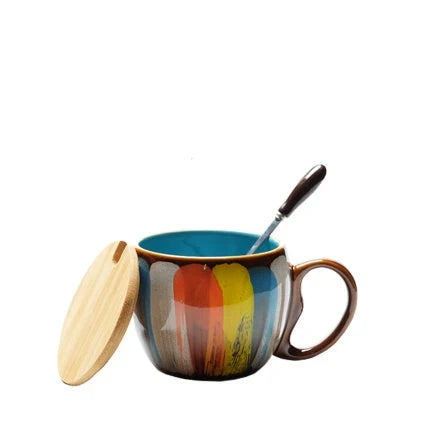 Handmade ceramic cup set with lid and spoon in vibrant colours, 350ml capacity