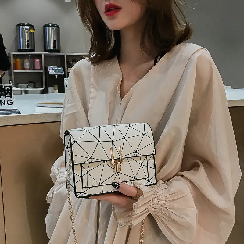 Geometric rhombic square PU cross body bag with chain handle, available in light grey