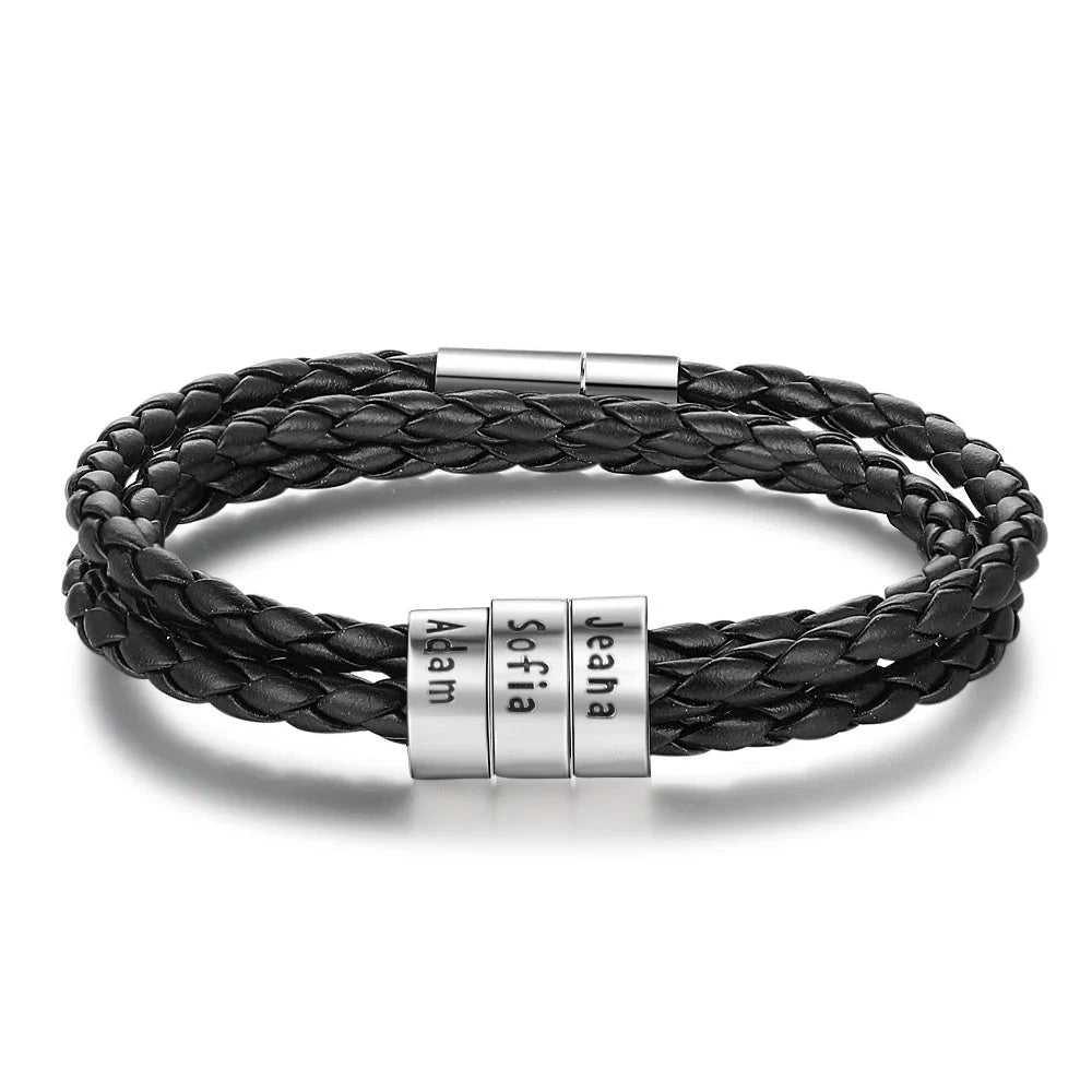 Personalized braided leather bracelet with engraved charm for men, available in black, brown, and navy colors