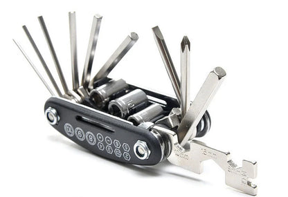 Compact Bicycle Repair Combination Tool in silver, dimensions 9x4.5x2.5cm, weight 210g