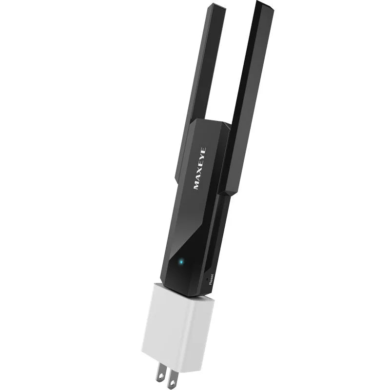300M WiFi signal amplifier in black, compact size 116mm x 45mm x 14mm, for extending home network coverage