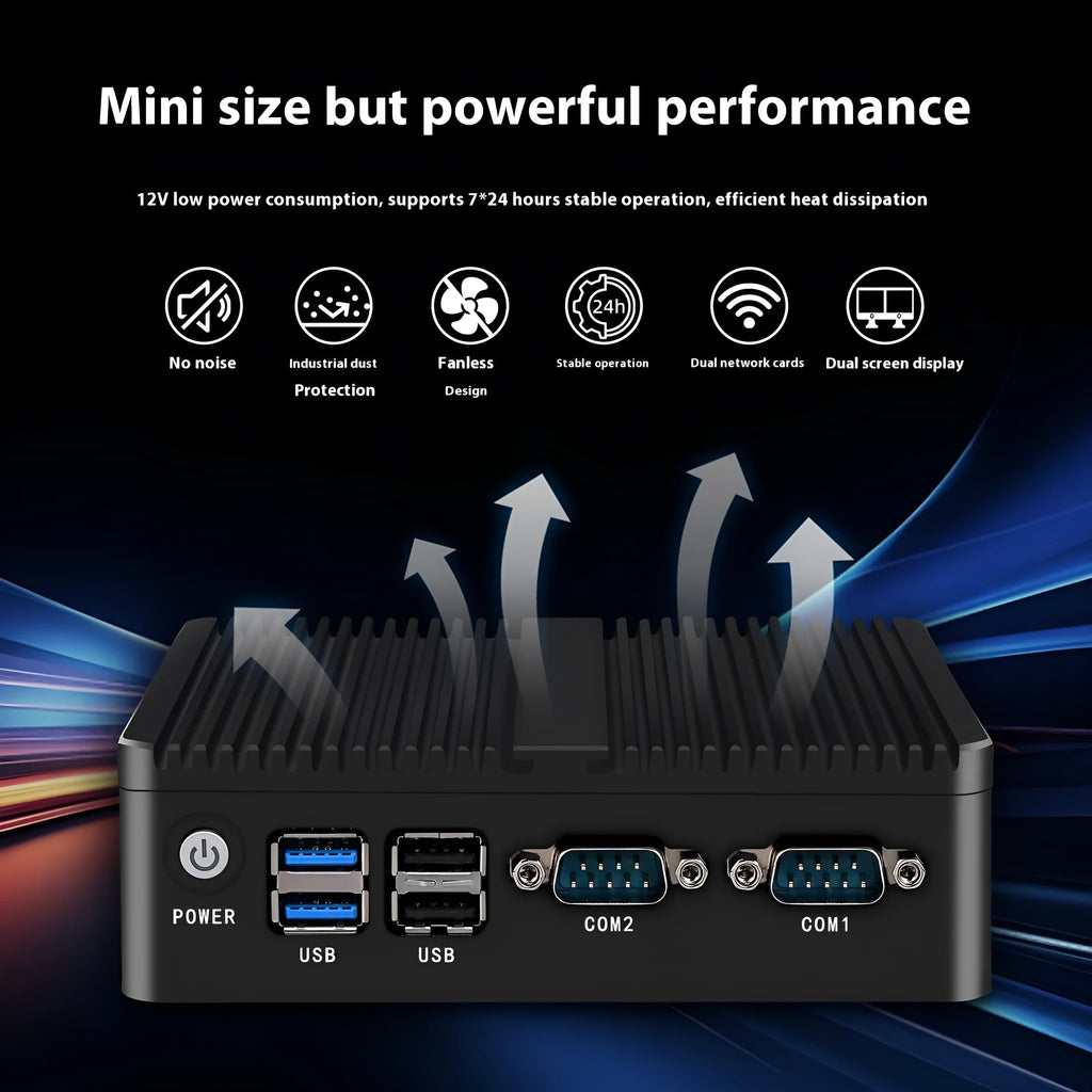 Compact metal fanless industrial mini host computer unit with connectivity ports.