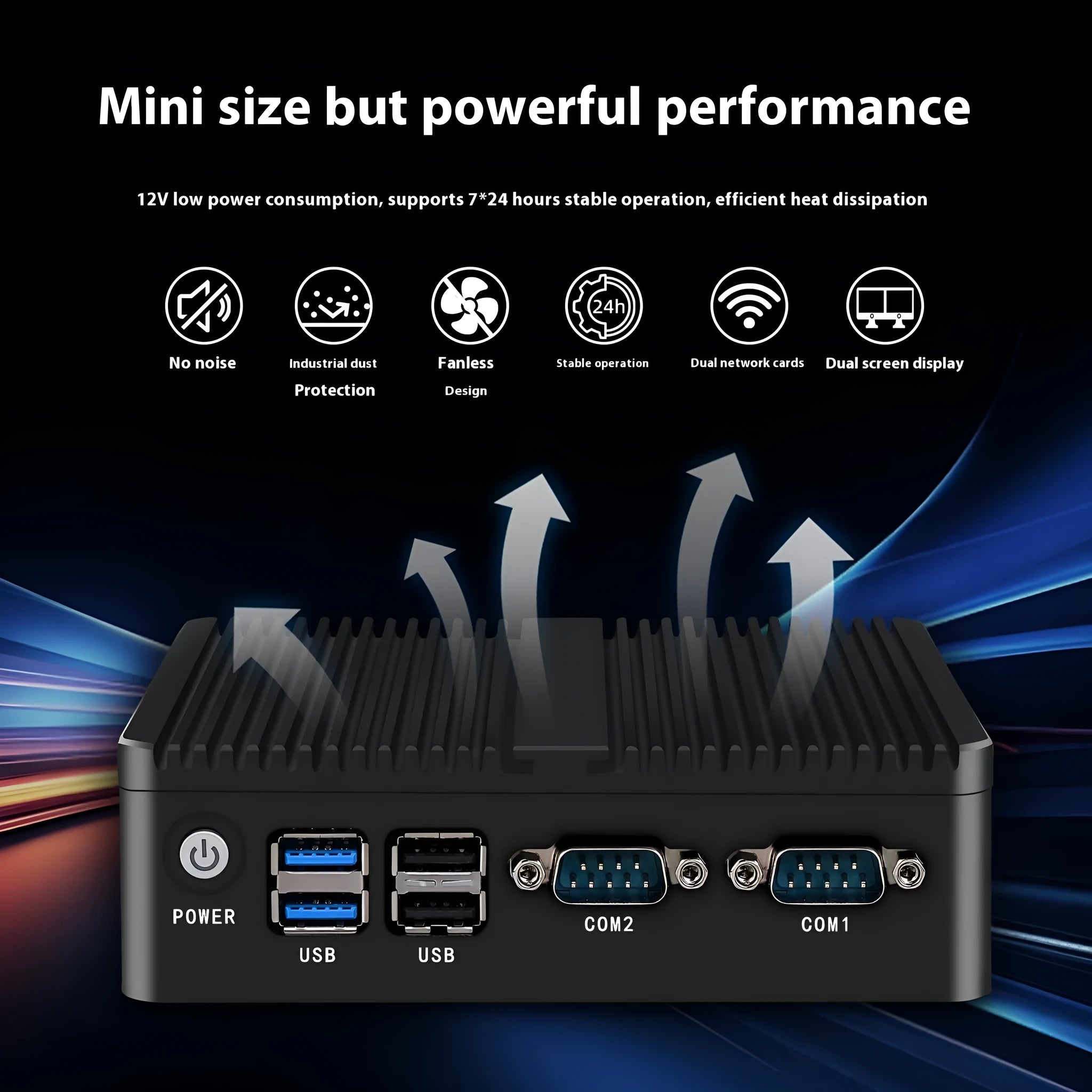 Compact metal fanless industrial mini host computer unit with connectivity ports.