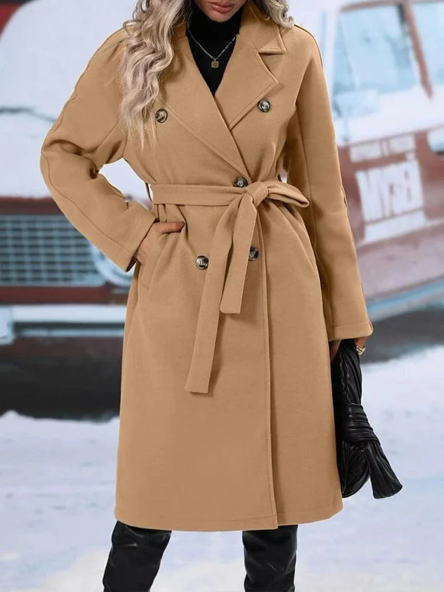 Double-breasted trench coat in red, black, and khaki colors with adjustable belt for a customized fit