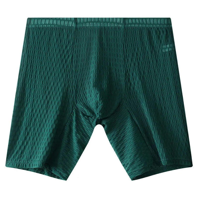 Men's longer cut nylon lace boxer shorts on a white background, showing the transparent fabric and mid-waist design.