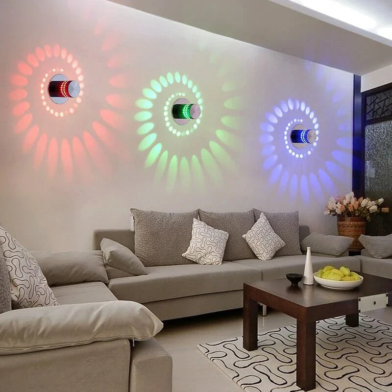 Vibrant LED spiral wall lights with color-changing effects, perfect for modern home decor and indoor lighting